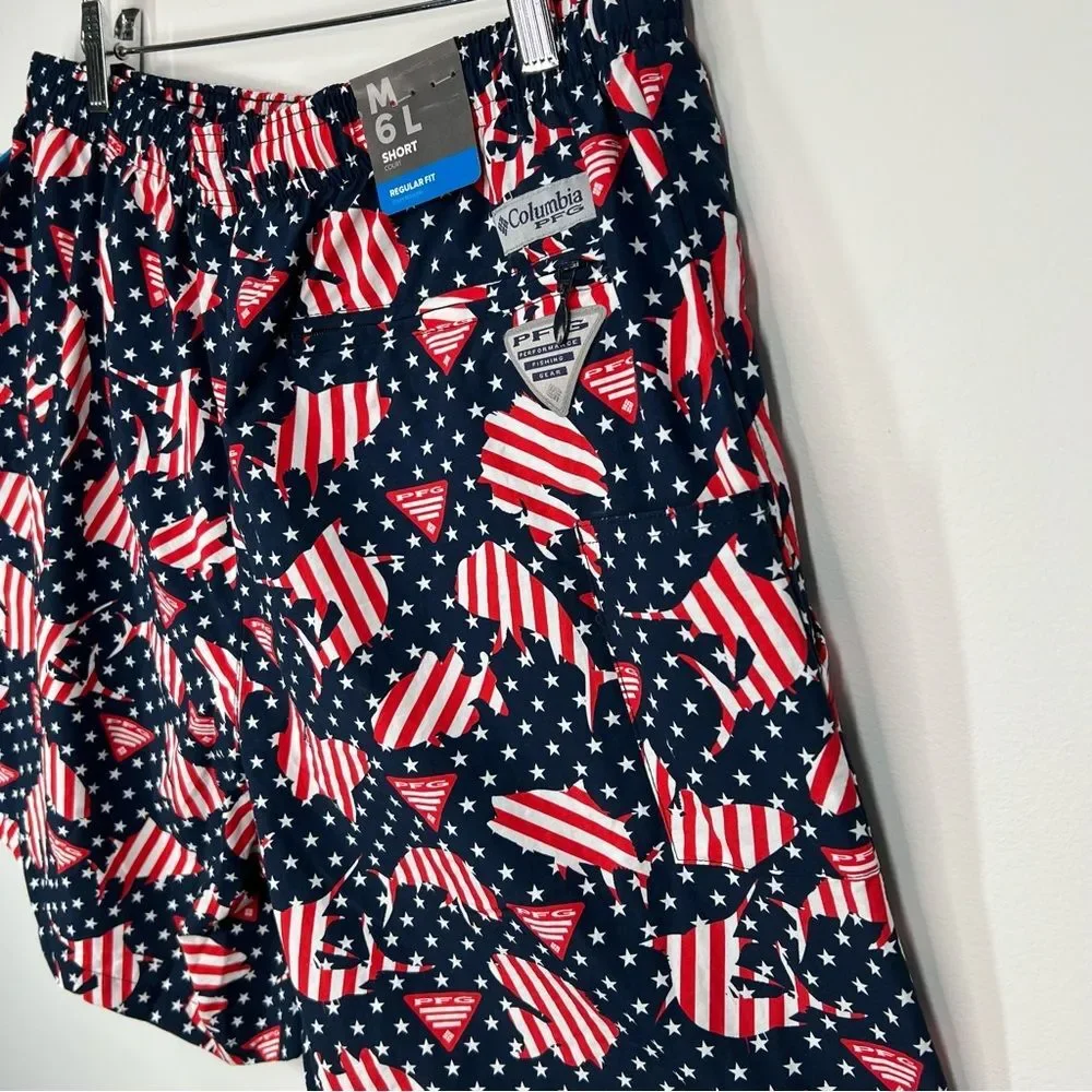 NWT Columbia PFG Clearwater Shores Patriotic Fish 6” Swim Trunks Shorts Medium